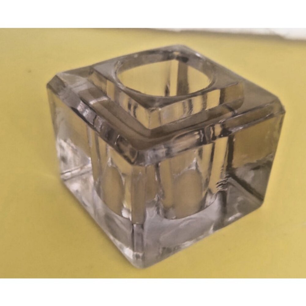 Antique Clear Heavy Glass Inkwell - Cube Shape  Beveled Edge 2 1/2" x 2 1/2"